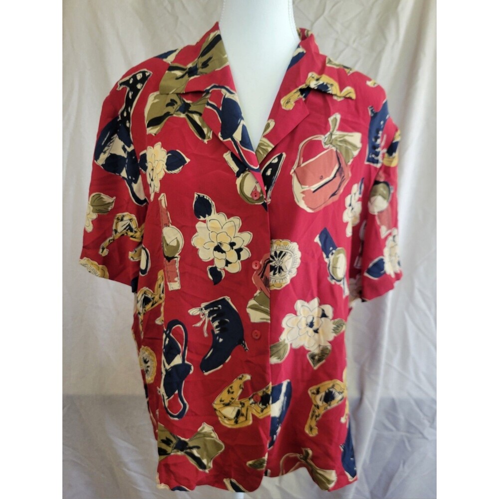 Theomiles Silk Red Floral Blouse Short Sleeve Button Up 16 Summer Natural Fiber